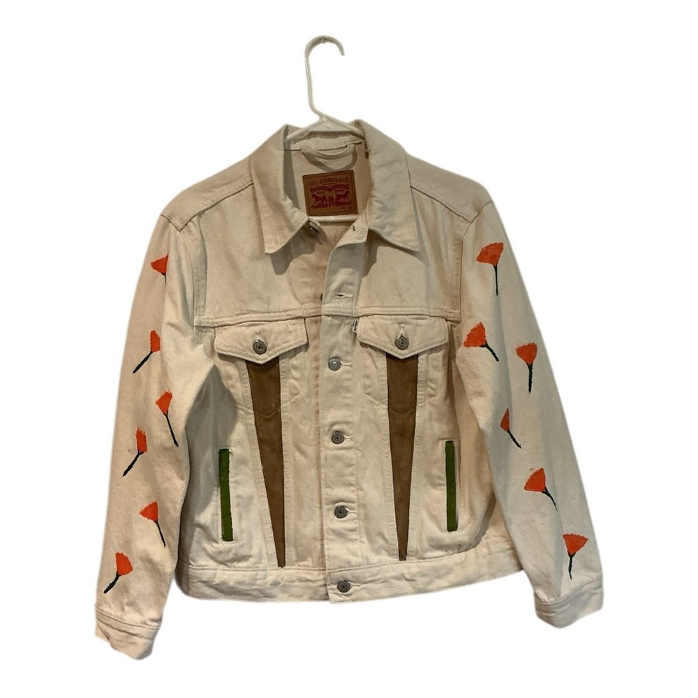 Levi’s Custom Hand Painted Denim Jacket Size S Cream Off-White One of a Kind Art